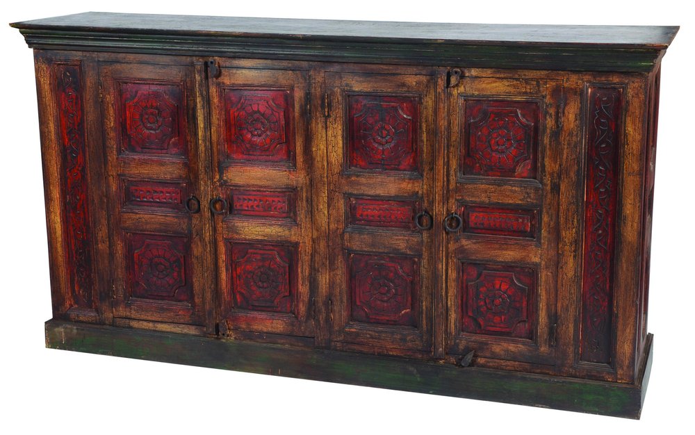 Brown and Red Distressed Solid Wood Carved Floral Buffet Table with Four Doors