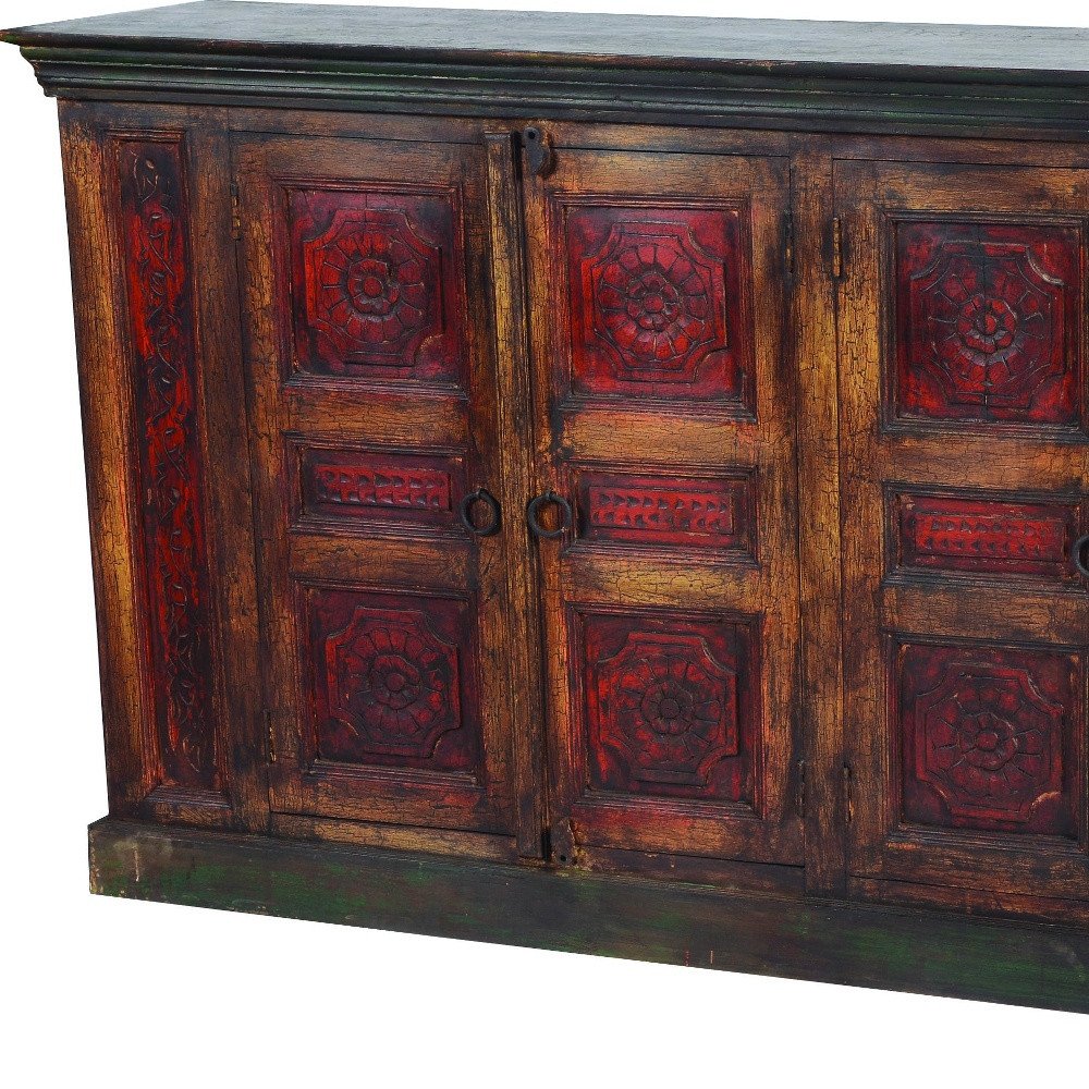 Brown and Red Distressed Solid Wood Carved Floral Buffet Table with Four Doors