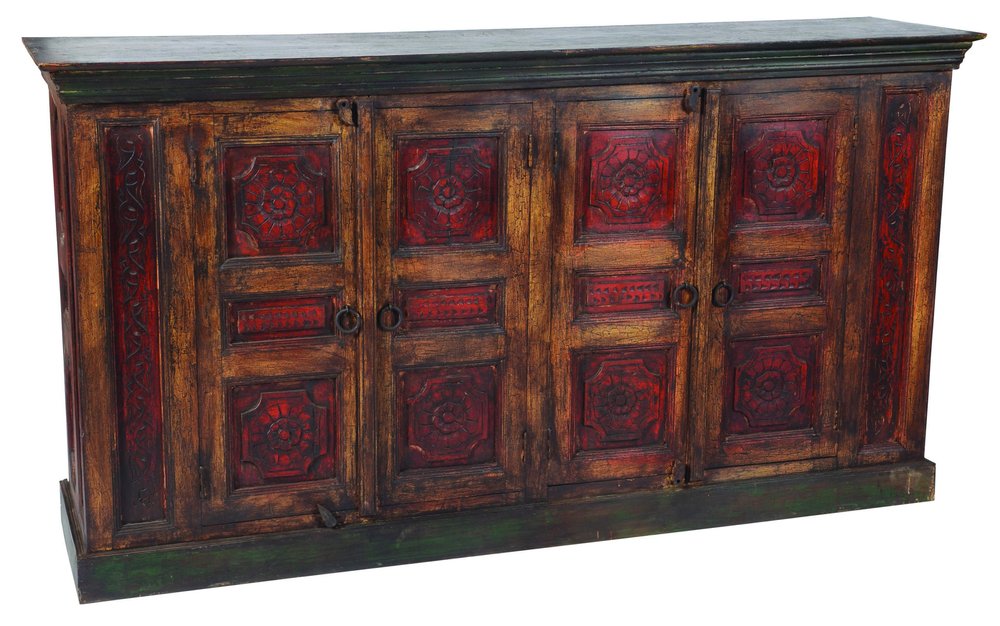 Brown and Red Distressed Solid Wood Carved Floral Buffet Table with Four Doors