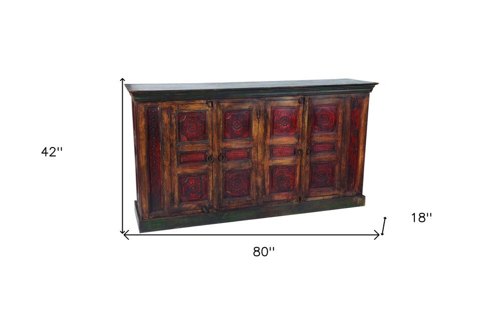 Brown and Red Distressed Solid Wood Carved Floral Buffet Table with Four Doors