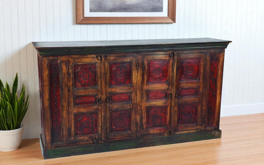 Brown and Red Distressed Solid Wood Carved Floral Buffet Table with Four Doors