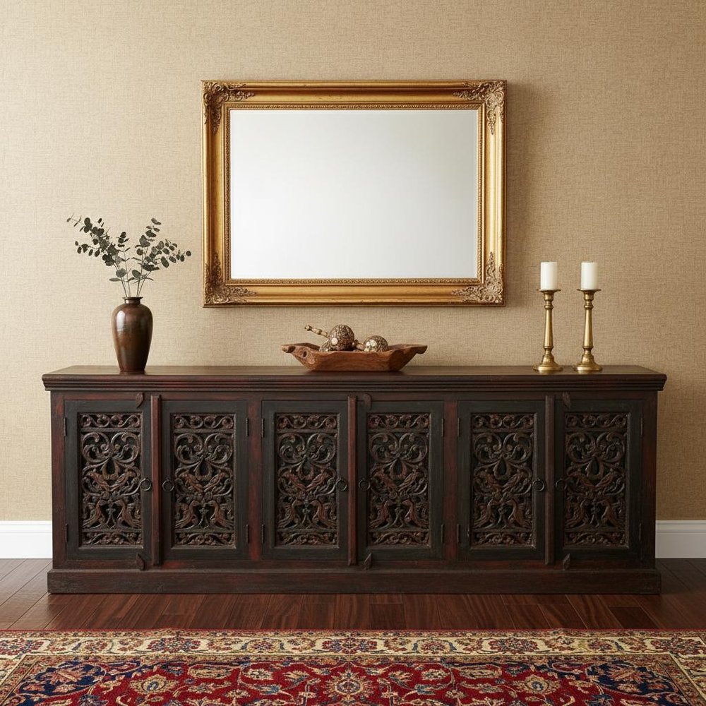 Brown and Green Solid Wood Buffet Table with Six Doors - 101-inch