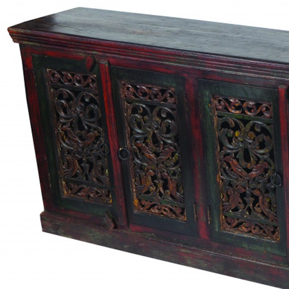 Brown and Green Solid Wood Buffet Table with Six Doors - 101-inch