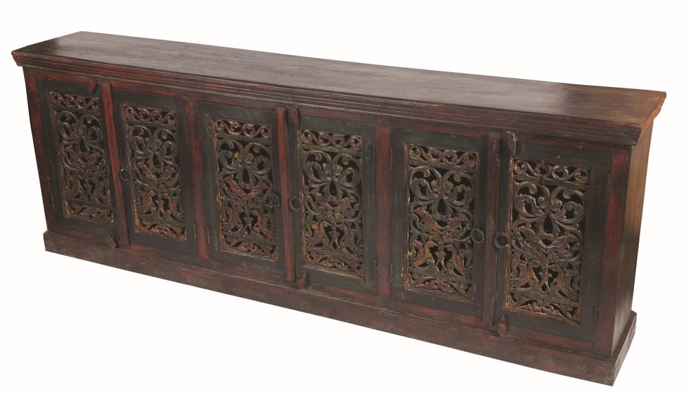 Brown and Green Solid Wood Buffet Table with Six Doors - 101-inch