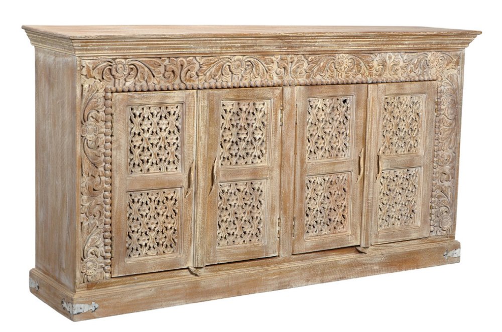 Antiqued White Distressed Solid Wood Carved Floral Sideboard with Four Doors