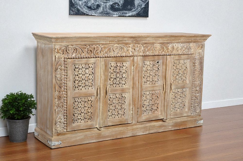 Antiqued White Distressed Solid Wood Carved Floral Sideboard with Four Doors