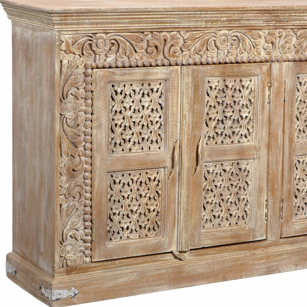 Antiqued White Distressed Solid Wood Carved Floral Sideboard with Four Doors