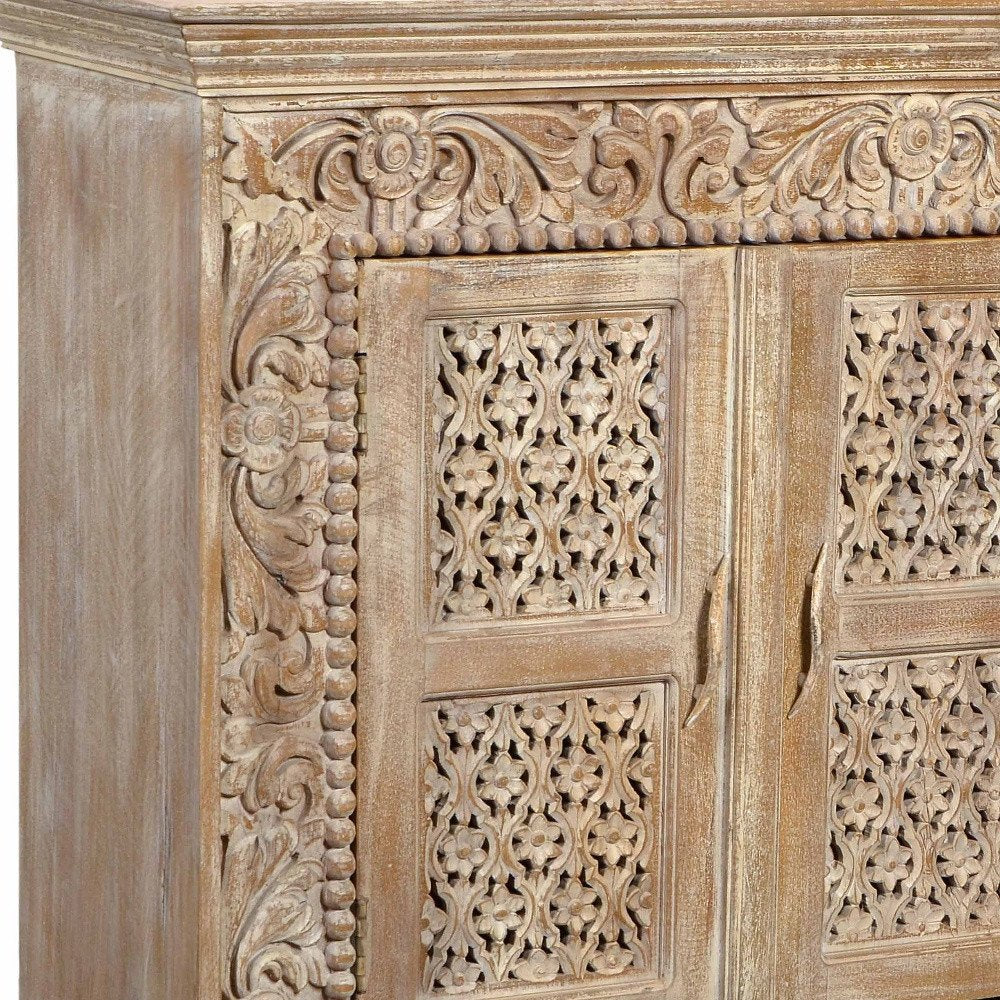 Antiqued White Distressed Solid Wood Carved Floral Sideboard with Four Doors