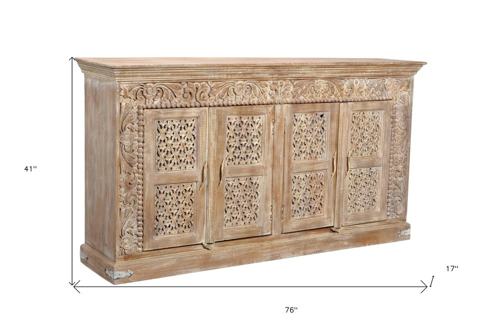 Antiqued White Distressed Solid Wood Carved Floral Sideboard with Four Doors