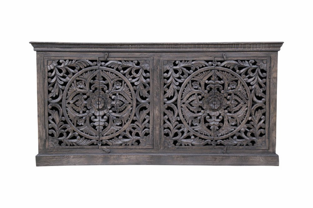 Gray Distressed Solid Wood Carved Floral Sideboard with Four Doors - 71-inch