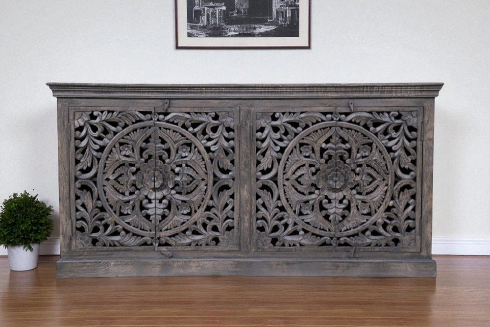 Gray Distressed Solid Wood Carved Floral Sideboard with Four Doors - 71-inch