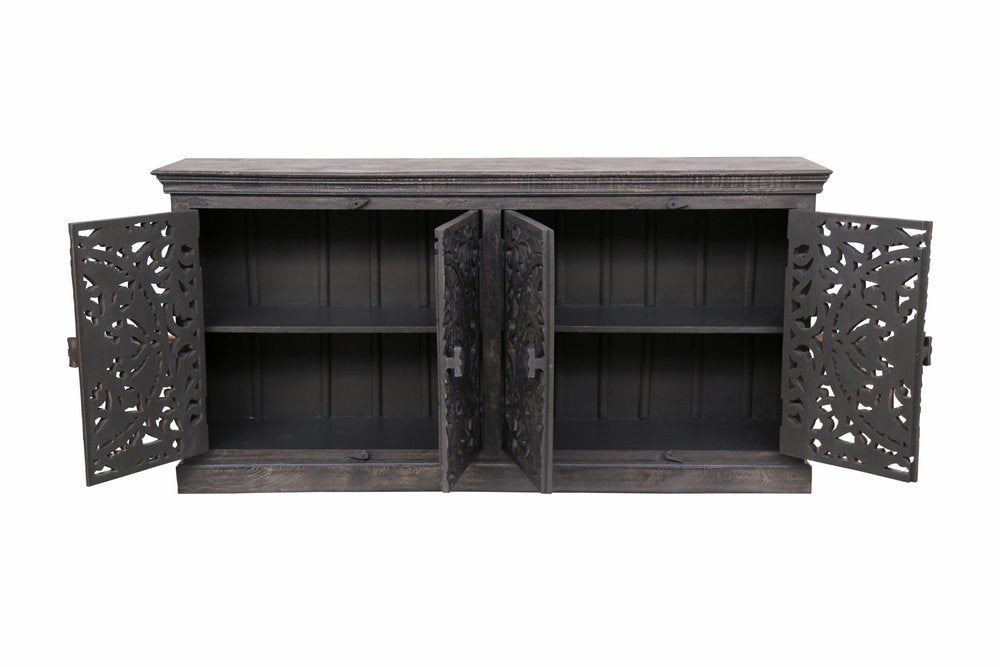Gray Distressed Solid Wood Carved Floral Sideboard with Four Doors - 71-inch