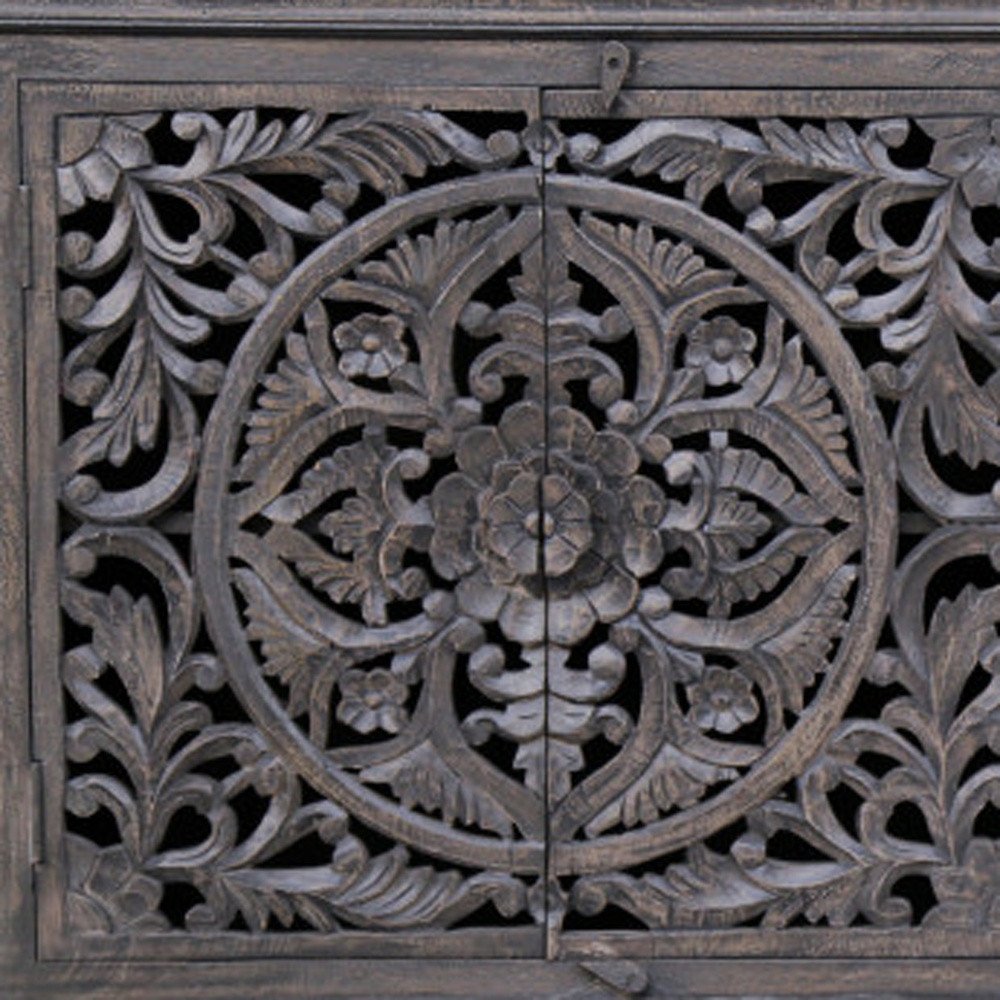Gray Distressed Solid Wood Carved Floral Sideboard with Four Doors - 71-inch