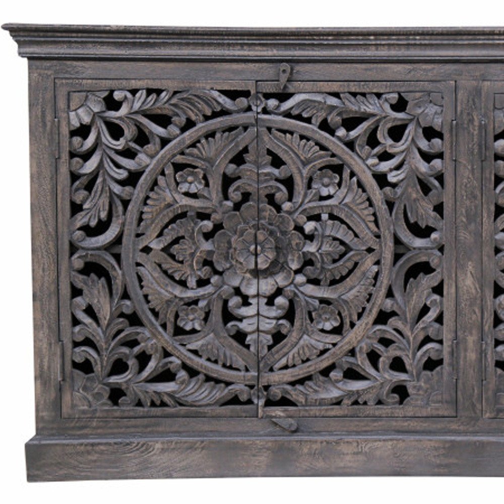 Gray Distressed Solid Wood Carved Floral Sideboard with Four Doors - 71-inch