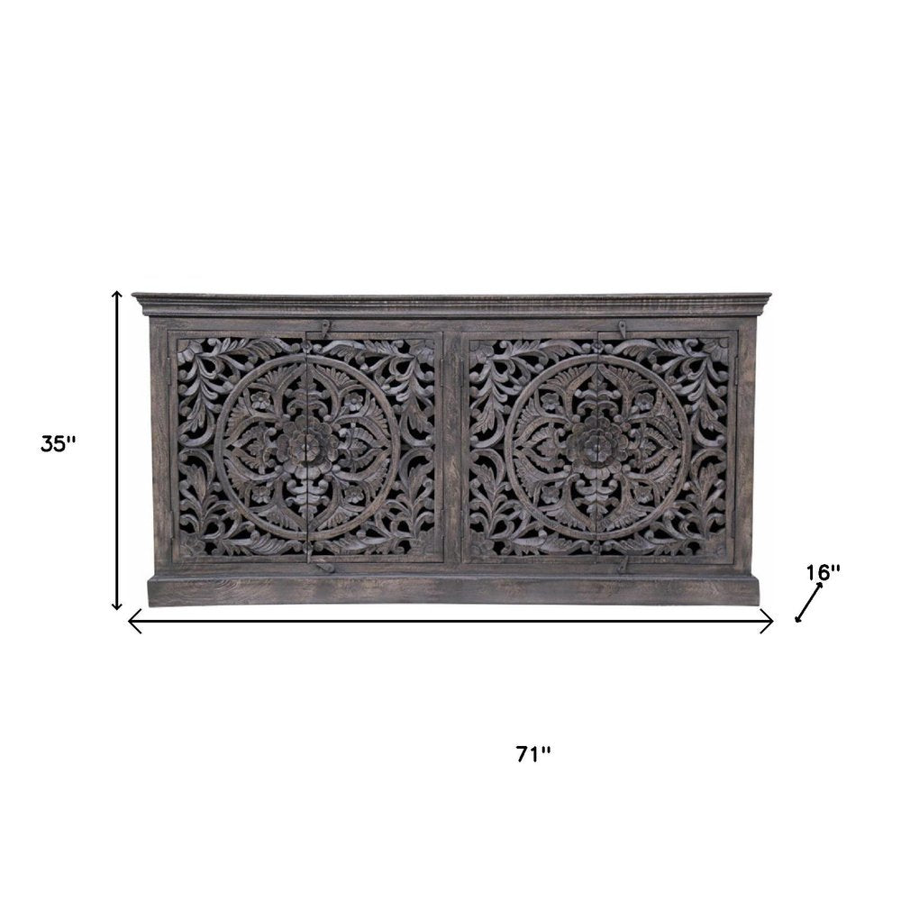 Gray Distressed Solid Wood Carved Floral Sideboard with Four Doors - 71-inch