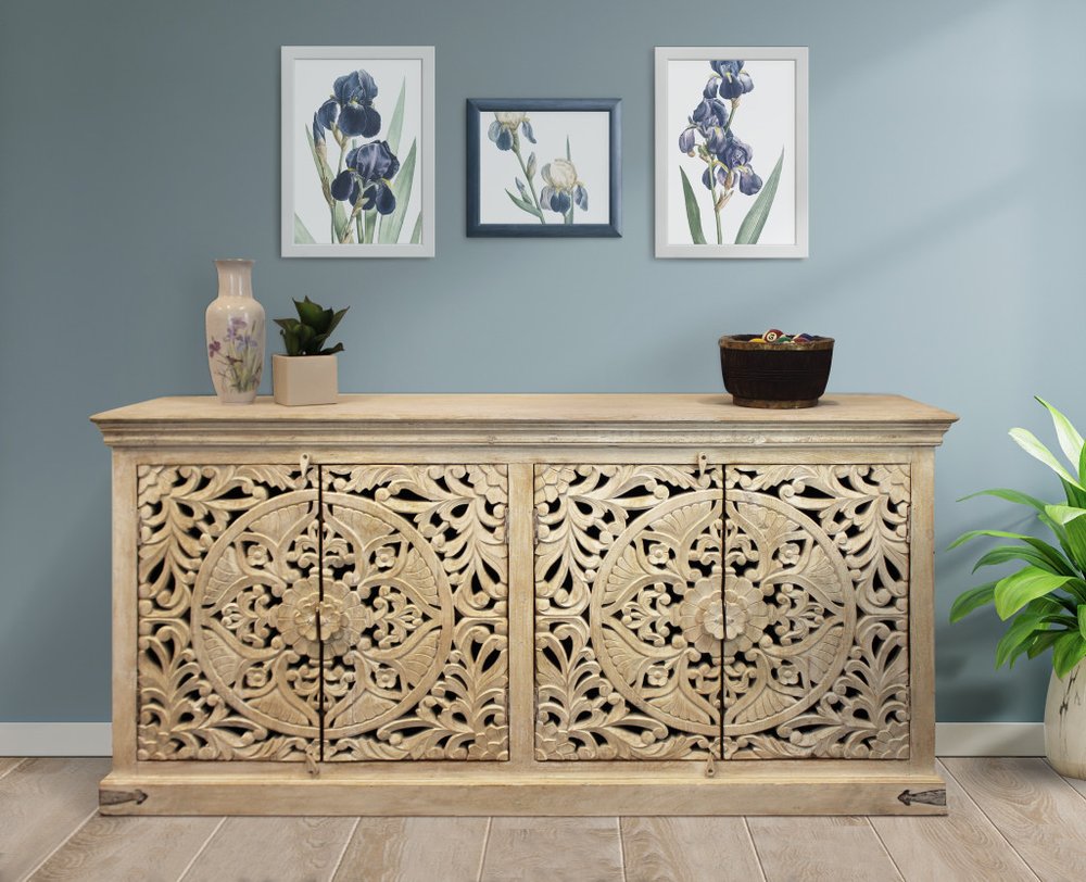 Beige Distressed Solid Wood Carved Scrollwork Sideboard with Four Doors