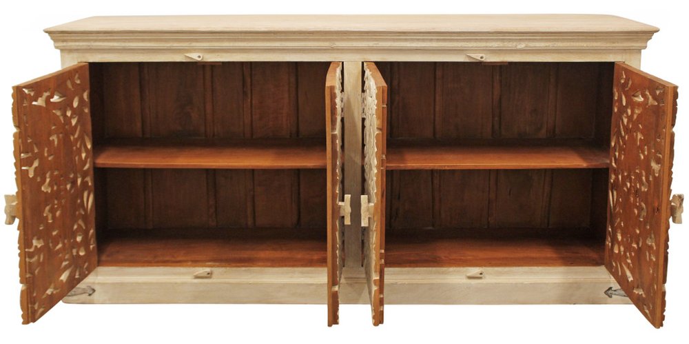 Beige Distressed Solid Wood Carved Scrollwork Sideboard with Four Doors