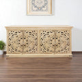 Beige Distressed Solid Wood Carved Scrollwork Sideboard with Four Doors