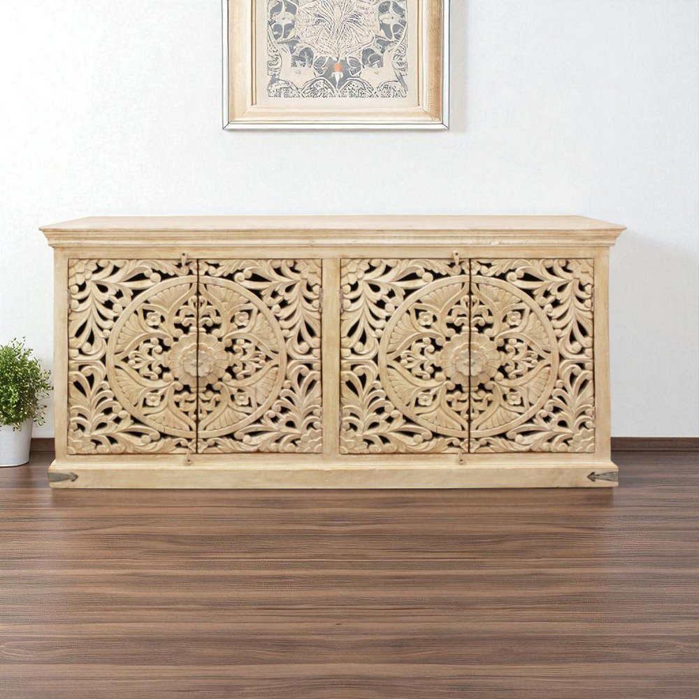 Beige Distressed Solid Wood Carved Scrollwork Sideboard with Four Doors