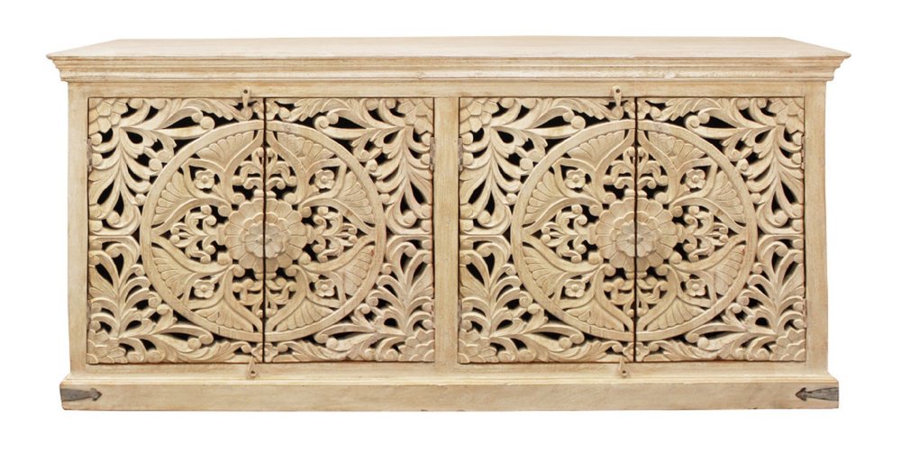 Beige Distressed Solid Wood Carved Scrollwork Sideboard with Four Doors