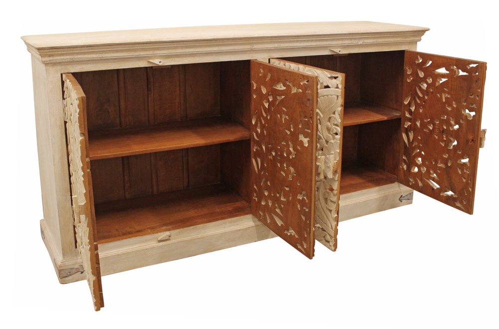 Beige Distressed Solid Wood Carved Scrollwork Sideboard with Four Doors