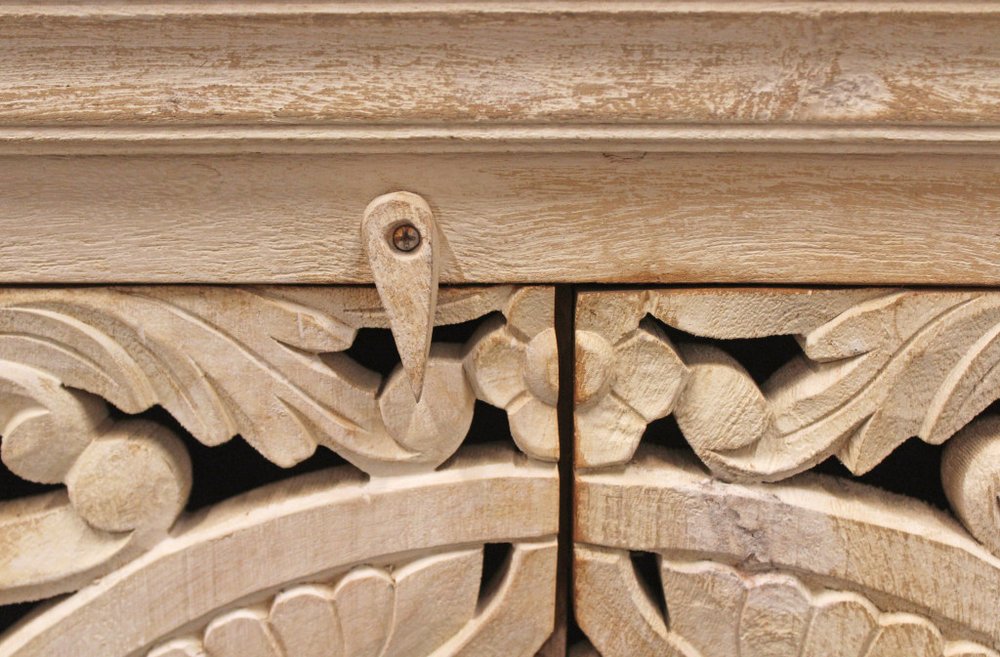 Beige Distressed Solid Wood Carved Scrollwork Sideboard with Four Doors