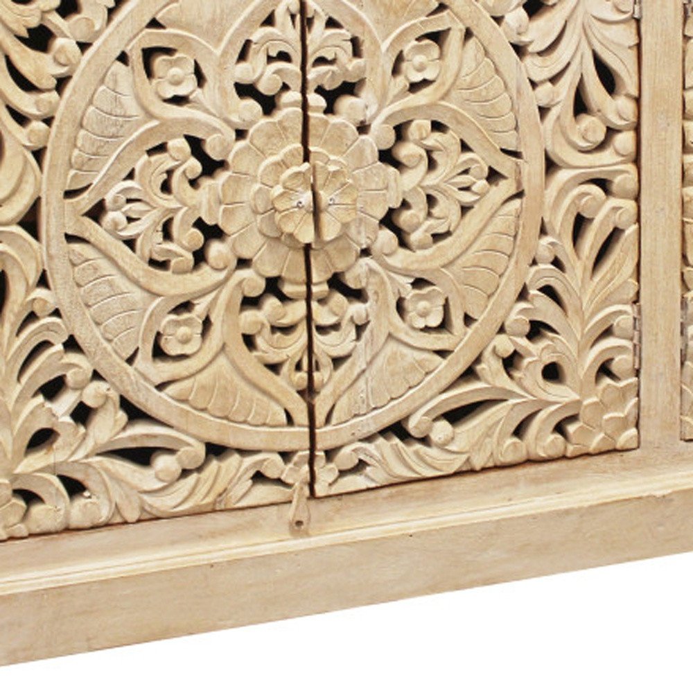 Beige Distressed Solid Wood Carved Scrollwork Sideboard with Four Doors
