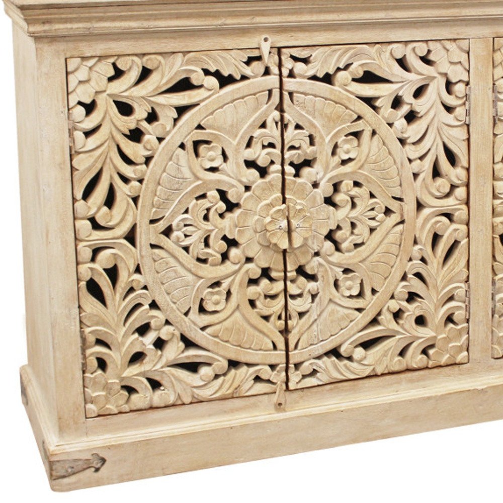 Beige Distressed Solid Wood Carved Scrollwork Sideboard with Four Doors