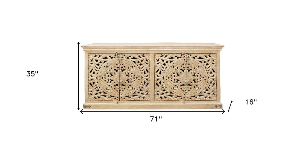 Beige Distressed Solid Wood Carved Scrollwork Sideboard with Four Doors