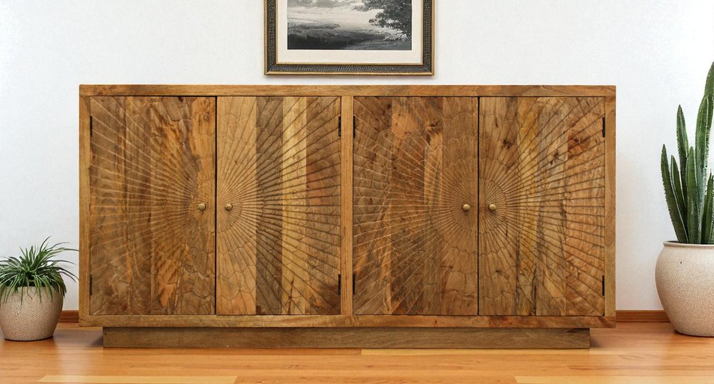 Natural Distressed Solid Wood Carved Geometric Sideboard with Four Doors