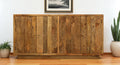 Natural Distressed Solid Wood Carved Geometric Sideboard with Four Doors