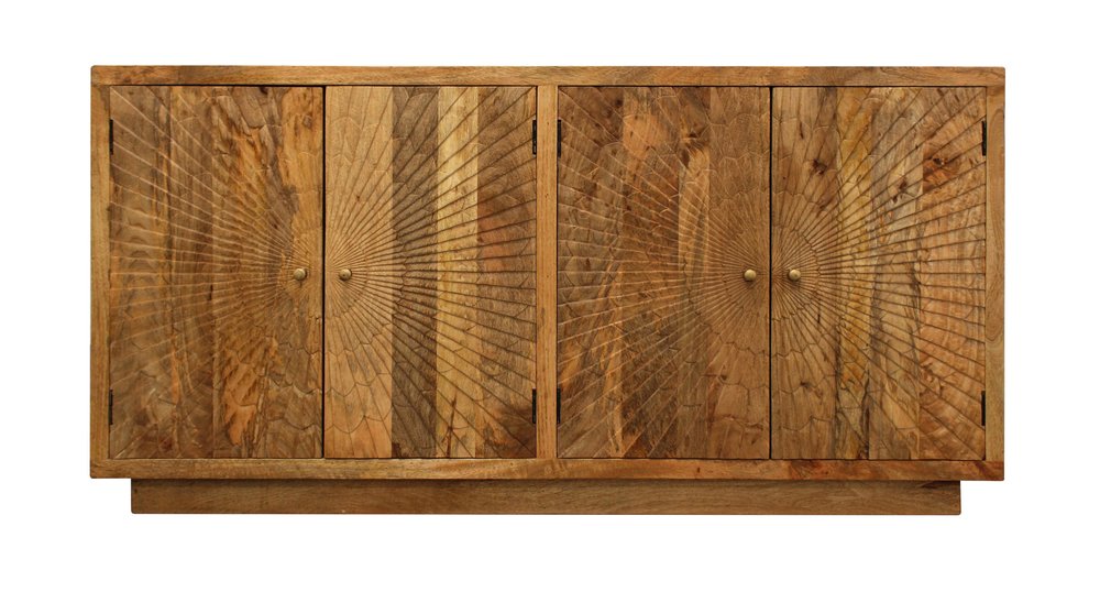 Natural Distressed Solid Wood Carved Geometric Sideboard with Four Doors