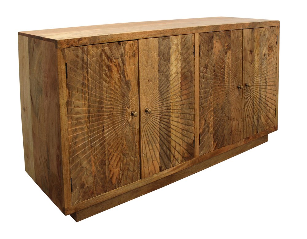 Natural Distressed Solid Wood Carved Geometric Sideboard with Four Doors