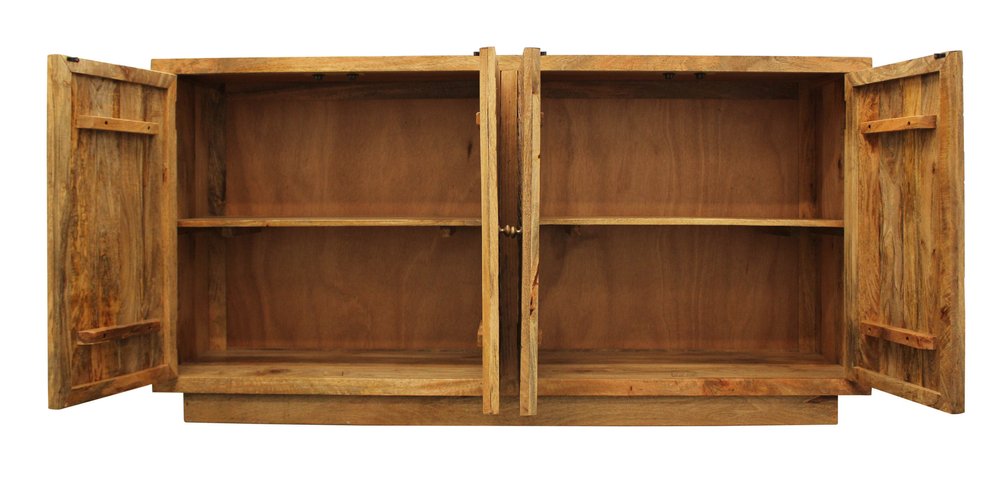 Natural Distressed Solid Wood Carved Geometric Sideboard with Four Doors