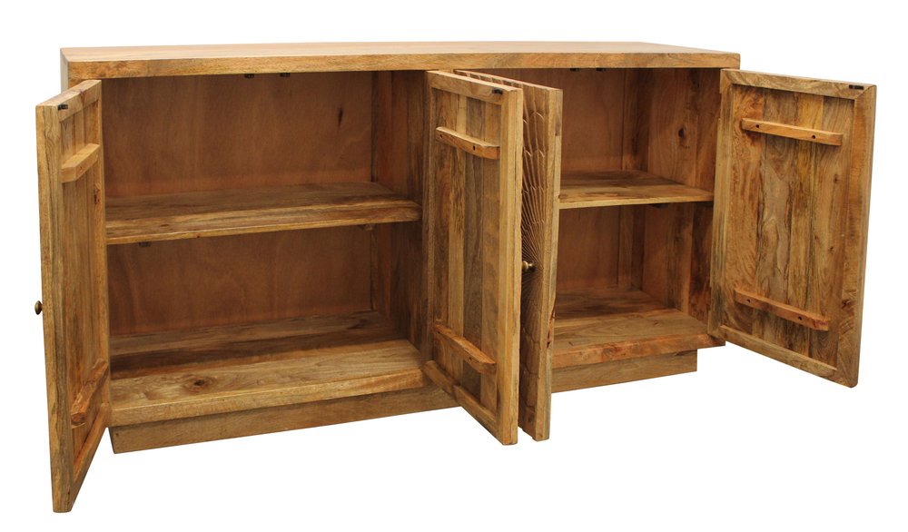 Natural Distressed Solid Wood Carved Geometric Sideboard with Four Doors