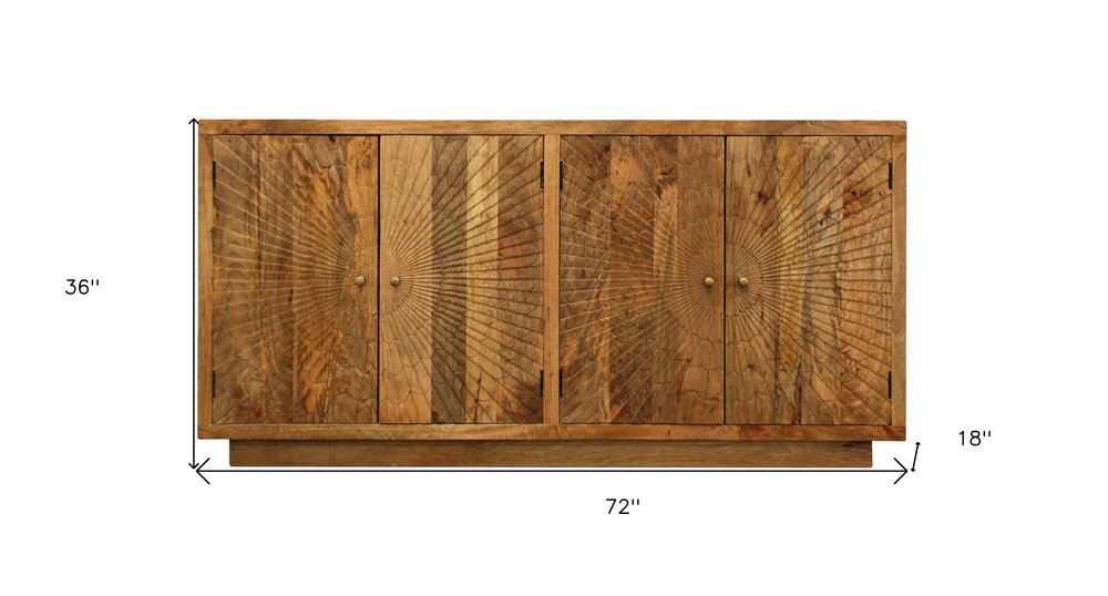 Natural Distressed Solid Wood Carved Geometric Sideboard with Four Doors
