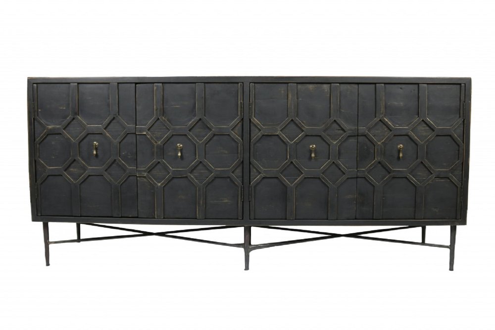 Brown Distressed Solid Wood Carved Geometric Sideboard with Four Doors - 71-inch