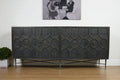 Brown Distressed Solid Wood Carved Geometric Sideboard with Four Doors - 71-inch
