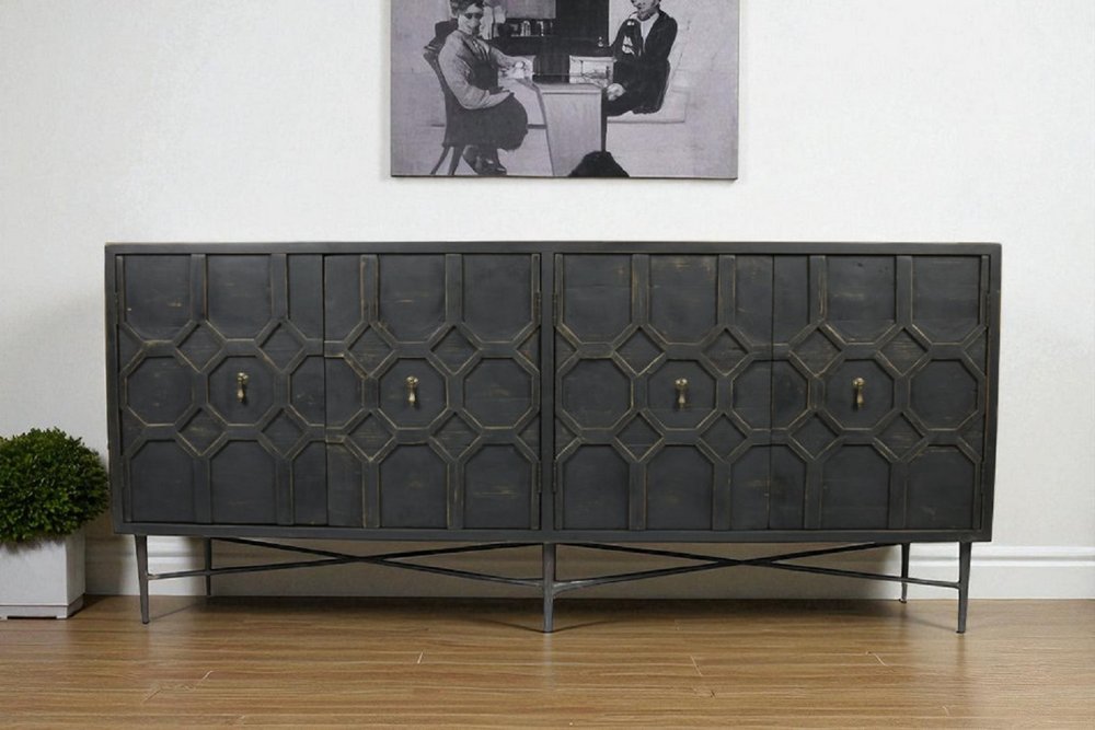 Brown Distressed Solid Wood Carved Geometric Sideboard with Four Doors - 71-inch