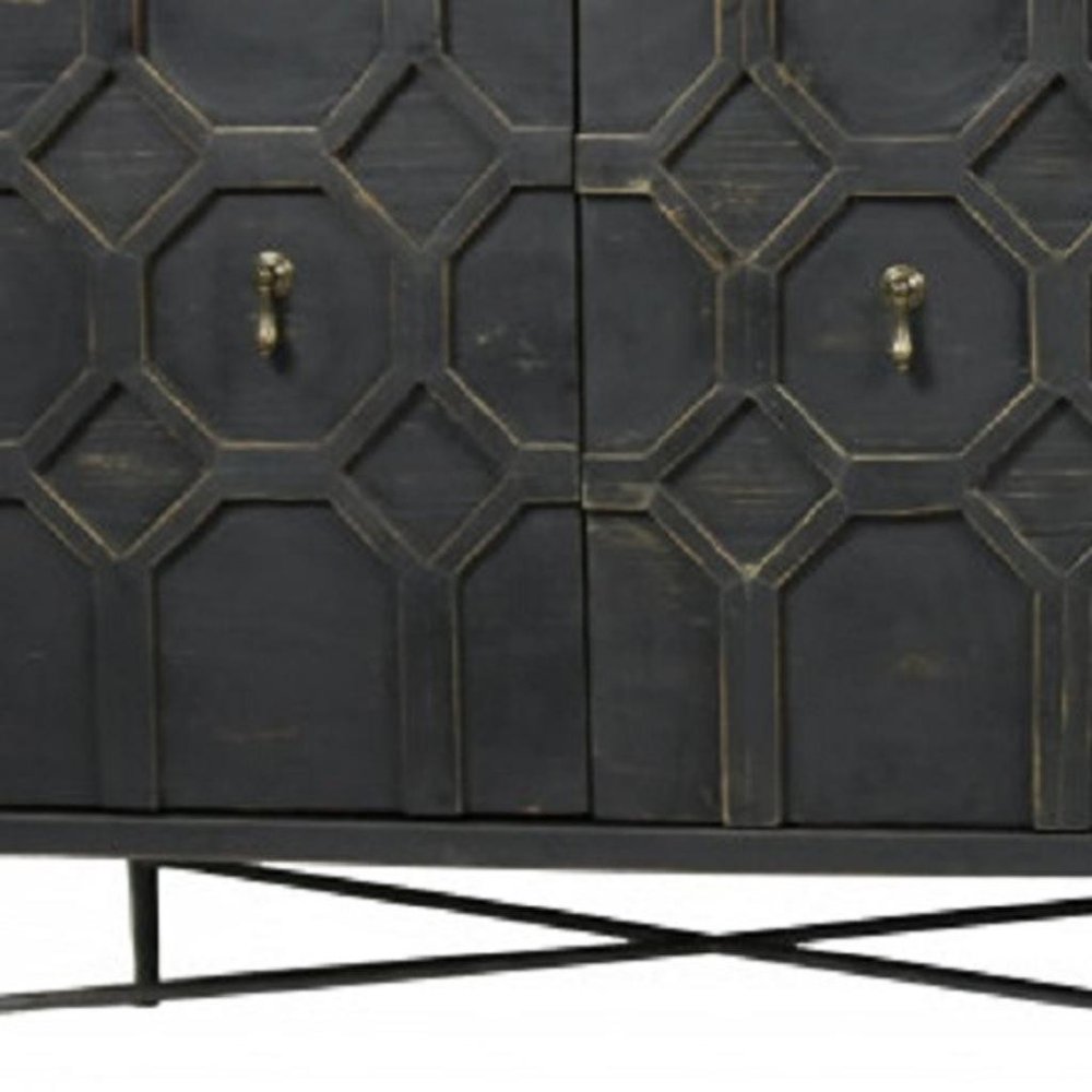 Brown Distressed Solid Wood Carved Geometric Sideboard with Four Doors - 71-inch