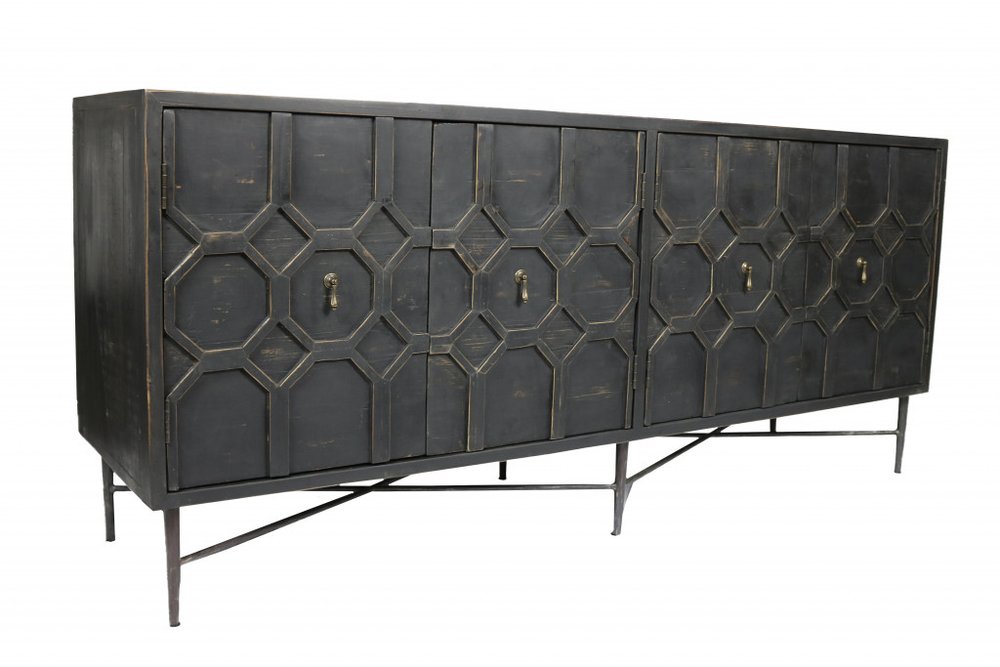 Brown Distressed Solid Wood Carved Geometric Sideboard with Four Doors - 71-inch