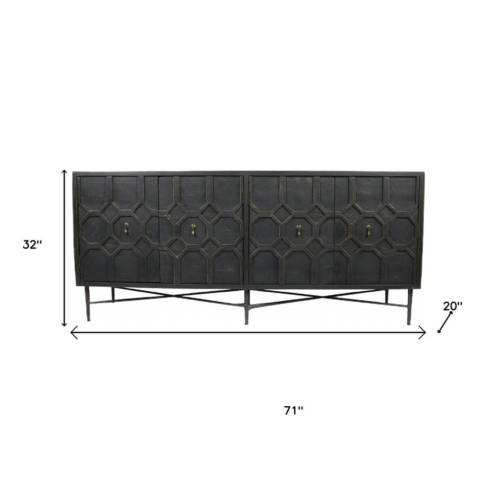 Brown Distressed Solid Wood Carved Geometric Sideboard with Four Doors - 71-inch