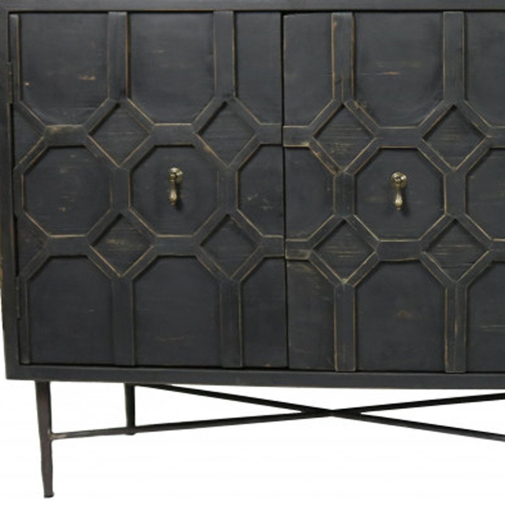 Brown Distressed Solid Wood Carved Geometric Sideboard with Four Doors - 71-inch