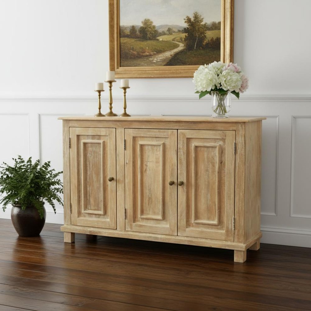 Natural Distressed Solid Wood Sideboard with Three Doors - 51-inch