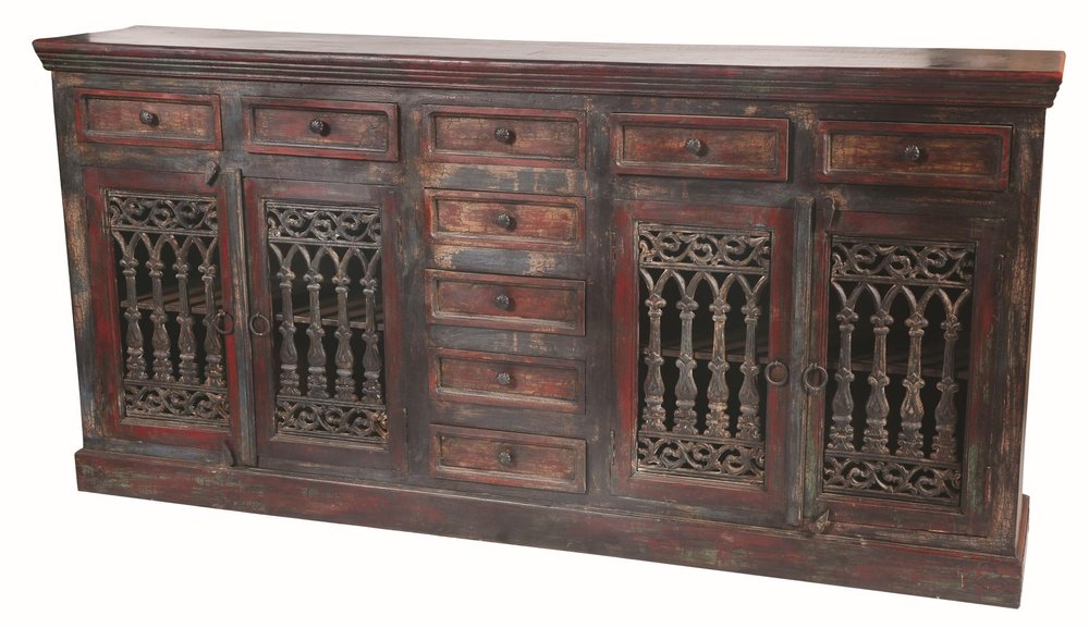 Brown Solid Wood Nine Drawer Buffet Table with Four Doors - 90-inch