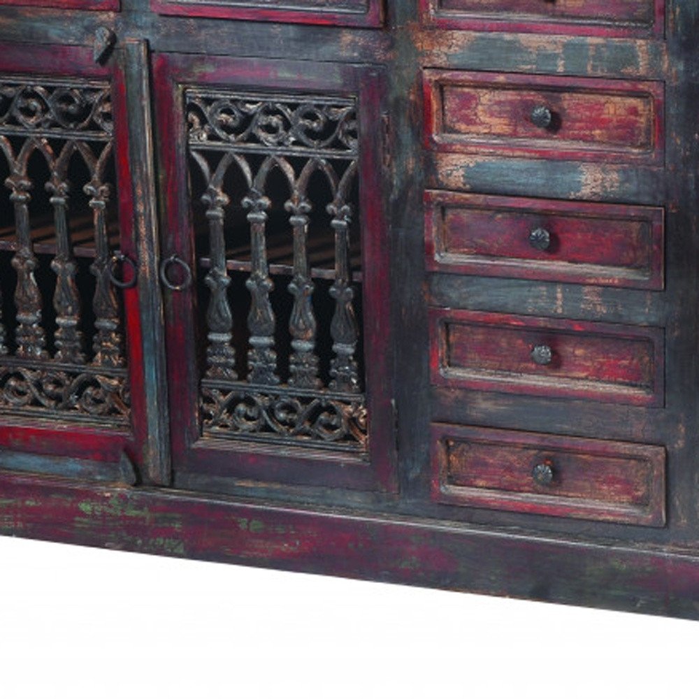 Brown Solid Wood Nine Drawer Buffet Table with Four Doors - 90-inch