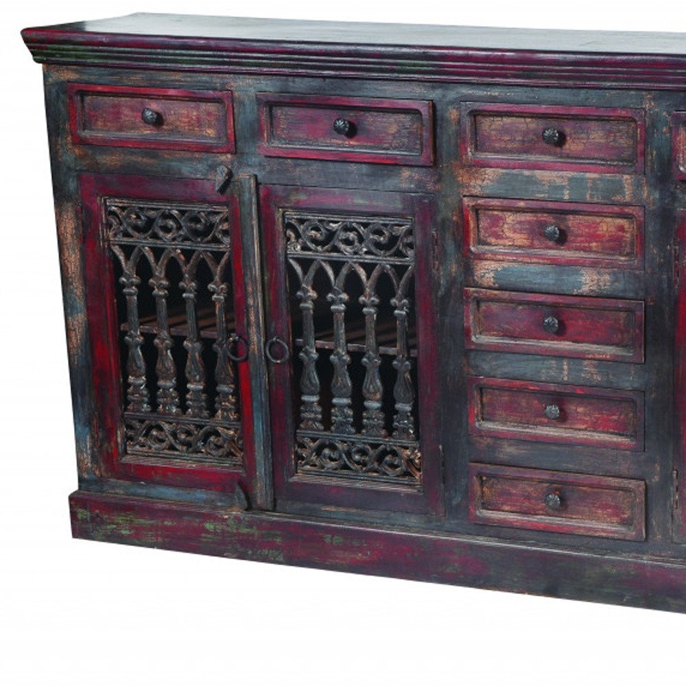 Brown Solid Wood Nine Drawer Buffet Table with Four Doors - 90-inch