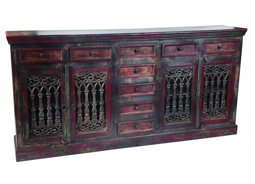 Brown Solid Wood Nine Drawer Buffet Table with Four Doors - 90-inch