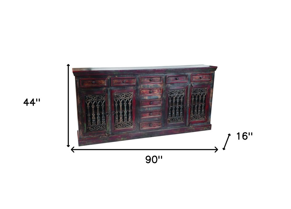 Brown Solid Wood Nine Drawer Buffet Table with Four Doors - 90-inch