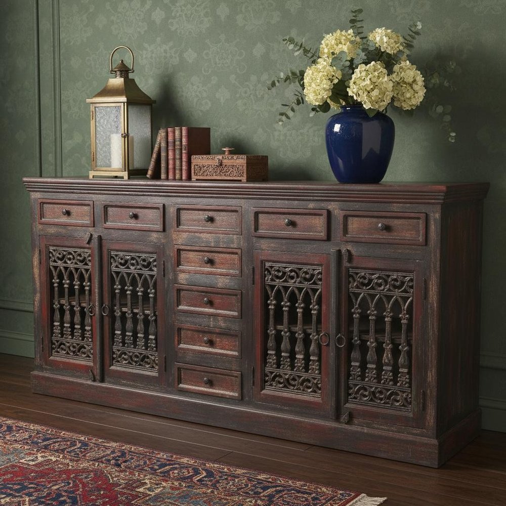 Brown Solid Wood Nine Drawer Buffet Table with Four Doors - 90-inch